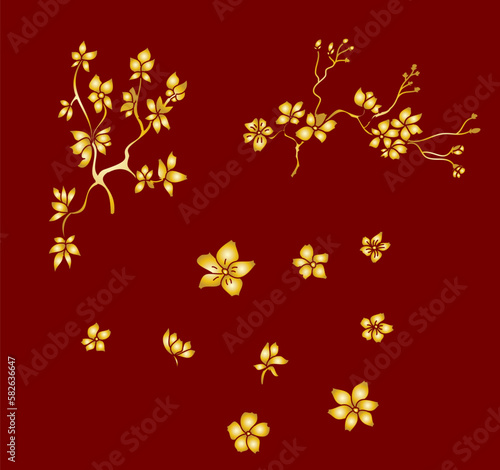 Gold flower vector set on black background,Sakura vector Gold. © Umaporn