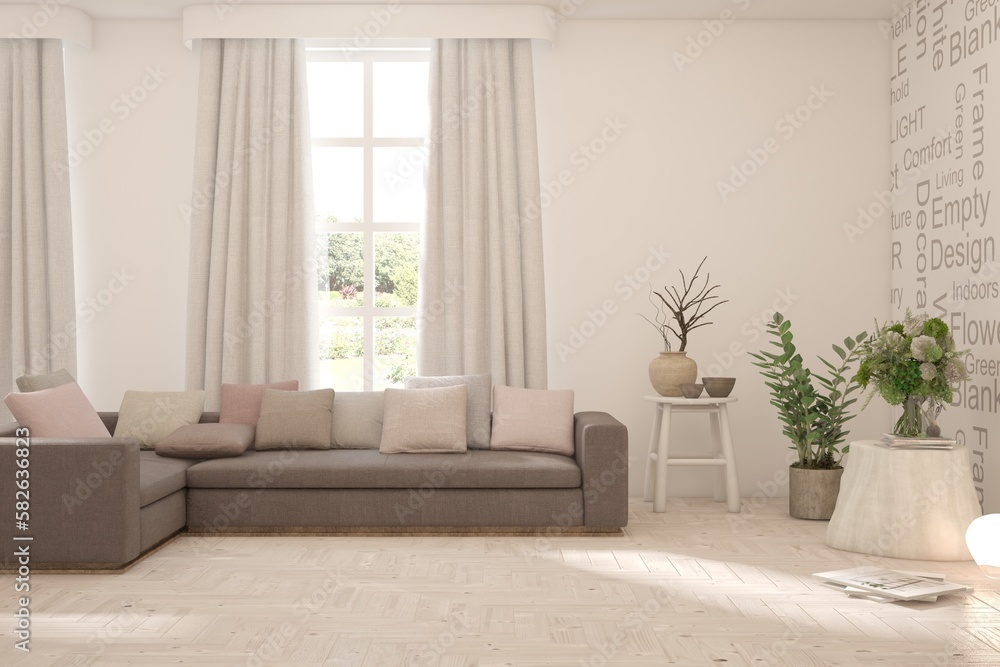 Fototapeta premium White living room with sofa and summer landscape in window. Scandinavian interior design. 3D illustration