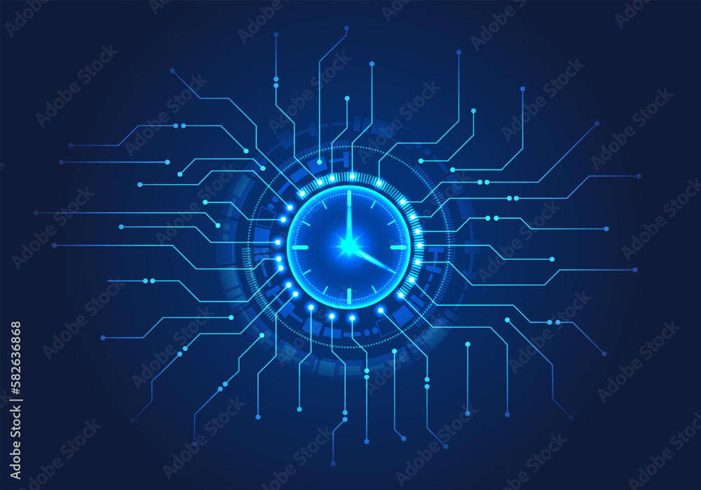 Watch has a technology circle around it and a circuit board is connected to it. Like the concept of time allocation within the organization to work on goals when customers want. - obrazy, fototapety, plakaty 
