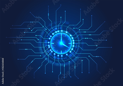 Watch has a technology circle around it and a circuit board is connected to it. Like the concept of time allocation within the organization to work on goals when customers want. photo