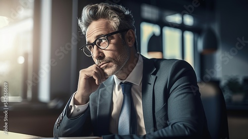 Businessman sitting on office table while working © Arc