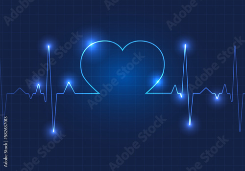 Heart-shaped technology background It's a graph showing the rhythm of your heart pumping. dark blue background with a grid