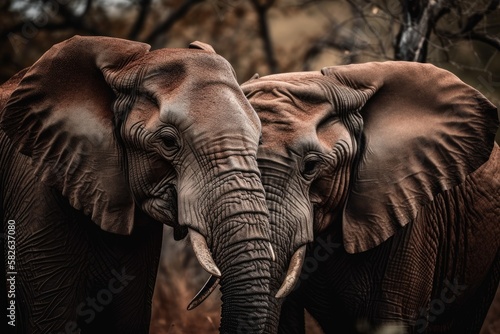 African elephants in the wild are huddled together. Generative AI