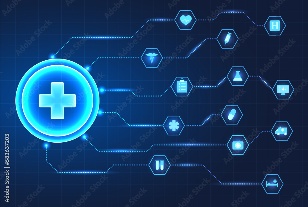 Obraz premium Medical technology circle There is a doctor's symbol in the center and a circle with payment innovations around it. Modern medicine provides patients with faster access to treatment behind the grid.