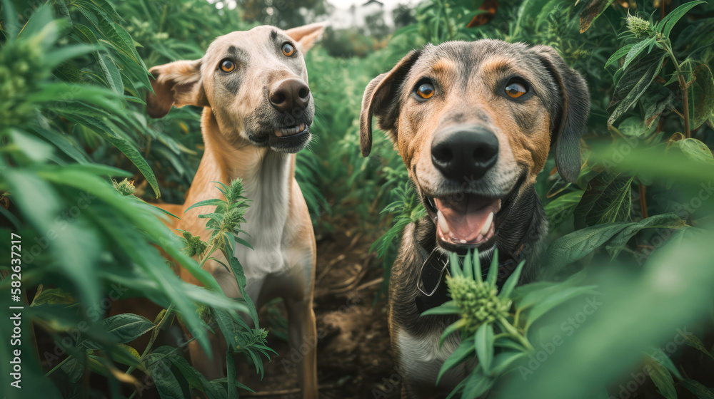 Dog sniffing cannabis leaf, in the outdoor farm, sniffs a leaf of Marujuana. Trained dog looking for drugs , Generative AI Technology