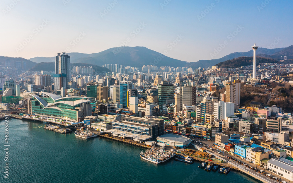 Cityscape of Busan in February. Aerial view