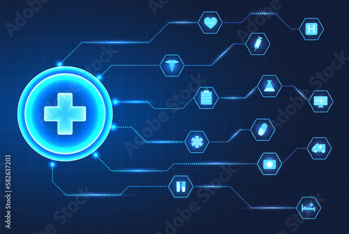 Medical technology circle There is a doctor's symbol in the center and a circle with payment innovations around it. Modern medicine provides patients with faster access to treatment behind the grid.