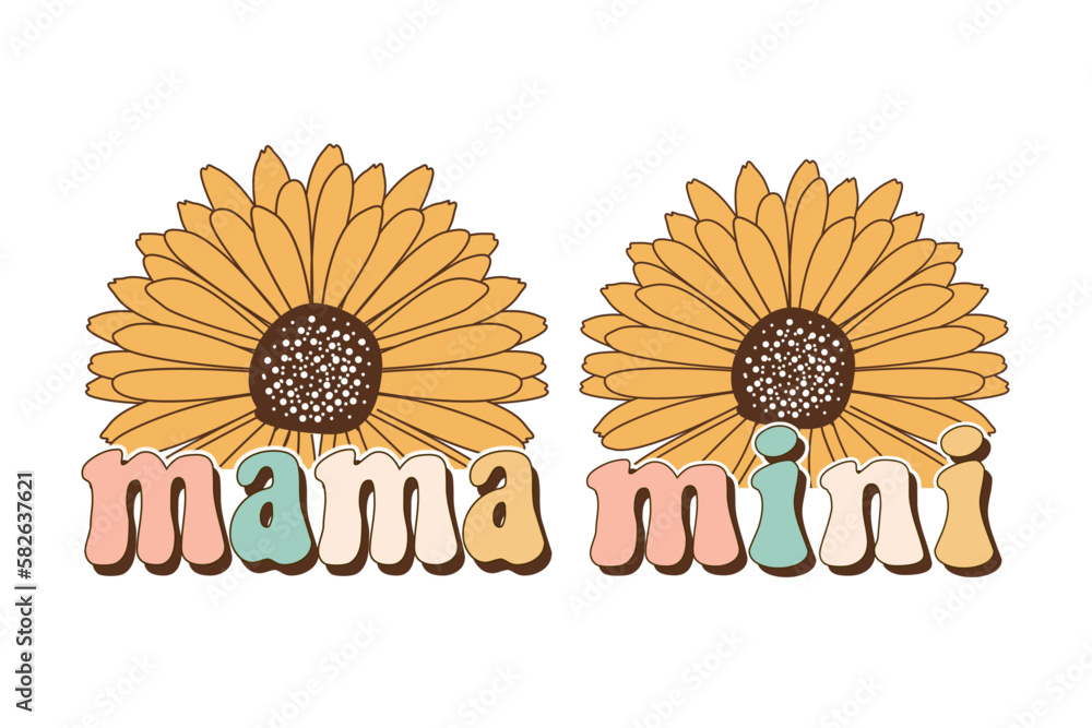 mama mini mothers day retro sublimation flower vector design for t-shirts, tote bags, cards, frame artwork, phone cases, bags, mugs, stickers, tumblers, print, etc.  - obrazy, fototapety, plakaty 
