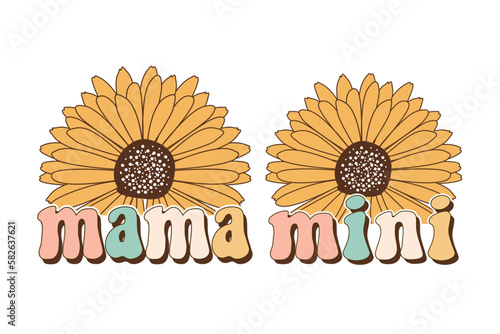 mama mini mothers day retro sublimation flower vector design for t-shirts, tote bags, cards, frame artwork, phone cases, bags, mugs, stickers, tumblers, print, etc.  photo