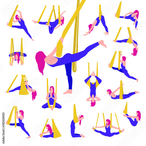 Aerial yoga poses. Girl practicing aerial yoga. Vector Illustration