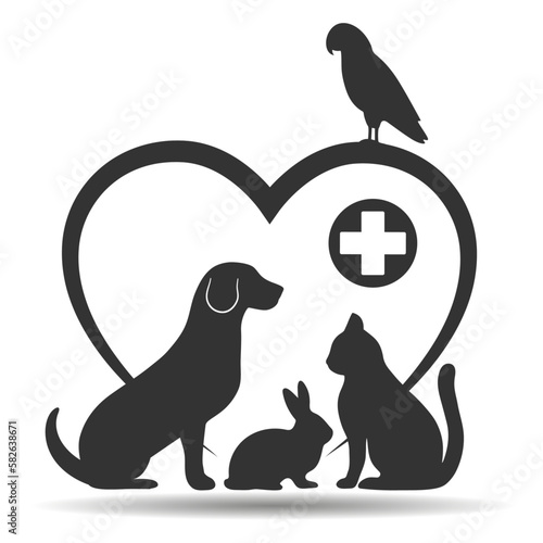 Illustration of a logo of a veterinary clinic. Pets on the background of a heart with a medical cross