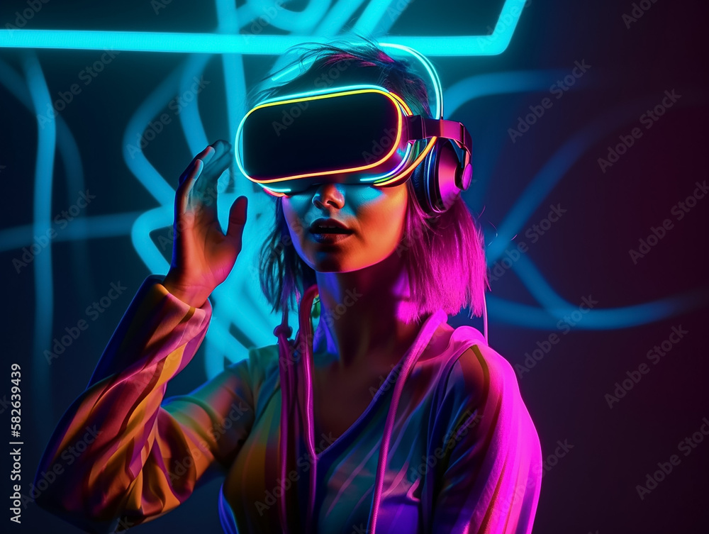 Young woman with neon lights wearing VR headset and experiencing virtual reality simulation, metaverse and fantasy world. Young woman with neon lights wearing VR headset and experiencing virtual reality simulation, metaverse and fantasy world.