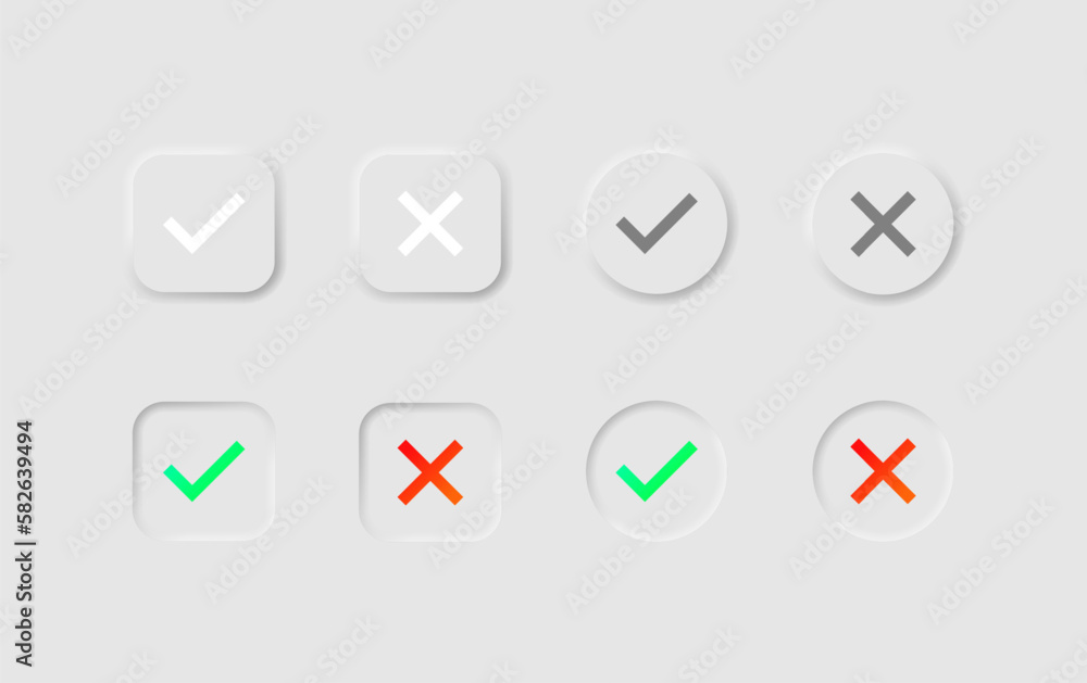 Checkmark and crossmark icon set in neumorphism style. Icons for business, white UI, UX. Yes no, OK symbol. Green accept, red decline buttons, true, false,. Neumorphic style. Vector illustration. Checkmark and crossmark icon set in neumorphism style. Icons for business, white UI, UX. Yes no, OK symbol. Green accept, red decline buttons, true, false,. Neumorphic style. Vector illustration.