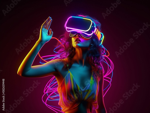 Young woman with neon lights wearing VR headset and experiencing virtual reality simulation, metaverse and fantasy world.
