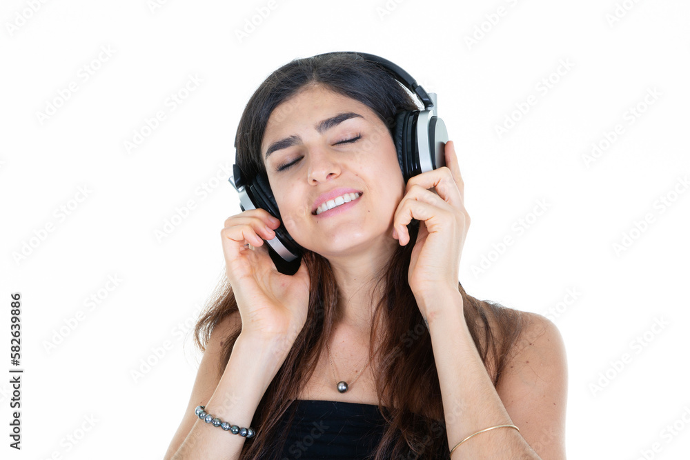 happy young woman smile with headphones on head closed eyes positive emotional on white background happy young woman smile with headphones on head closed eyes positive emotional on white background
