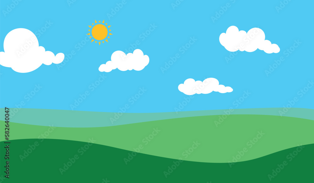 Flat design illustration of summer mountain landscape with green grassy hill under a clear blue sky with white clouds and shining sun 