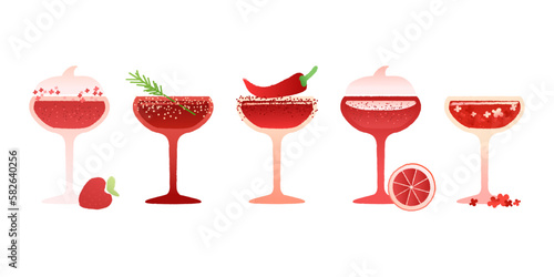 Red margarita cocktail set. Alcohol drink for holidays and events. Vector gradient flat illustration with texture. Red drinks for the bar. Cosmopolitan