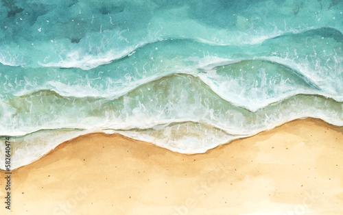 Sea shore watercolor. A beach with light waves. Hand-drawn summer illustration.