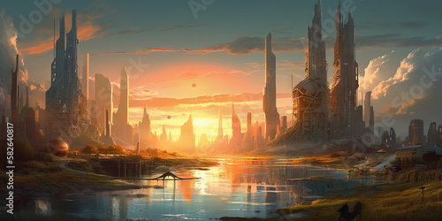 futuristic sunset over the river