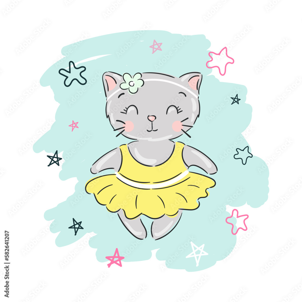 Vector hand drawn cute cat in yellow dress, kitten girl Vector hand drawn cute cat in yellow dress, kitten girl