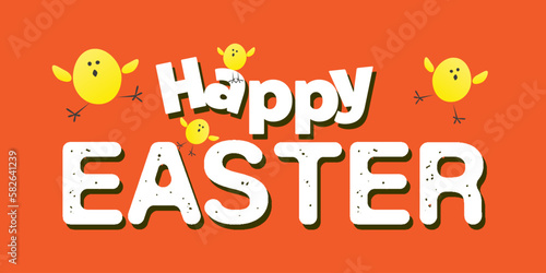 Happy Easter Card Template - Big Text, Label, Jumping Funny Yellow Chicks Around on Red Background - Minimalist Wide Scale Design Perfect for a Poster, Cover, Banner or Postcard - Vector Illustration