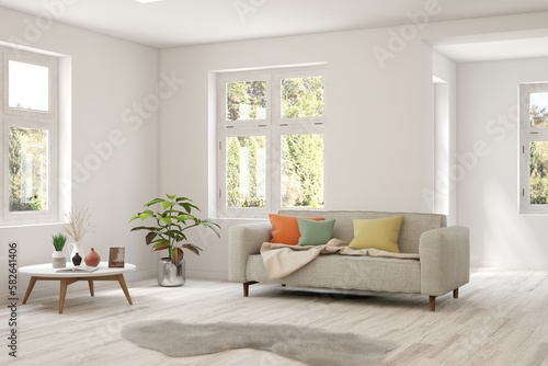White living room with sofa and summer landscape in window. Scandinavian interior design. 3D illustration