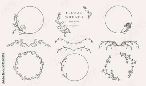Minimal circle flower frames and borders. Set of botanical simple hand drawn design elements in line art style. Vector illustration for label, logo, business identity, wedding invitation, card