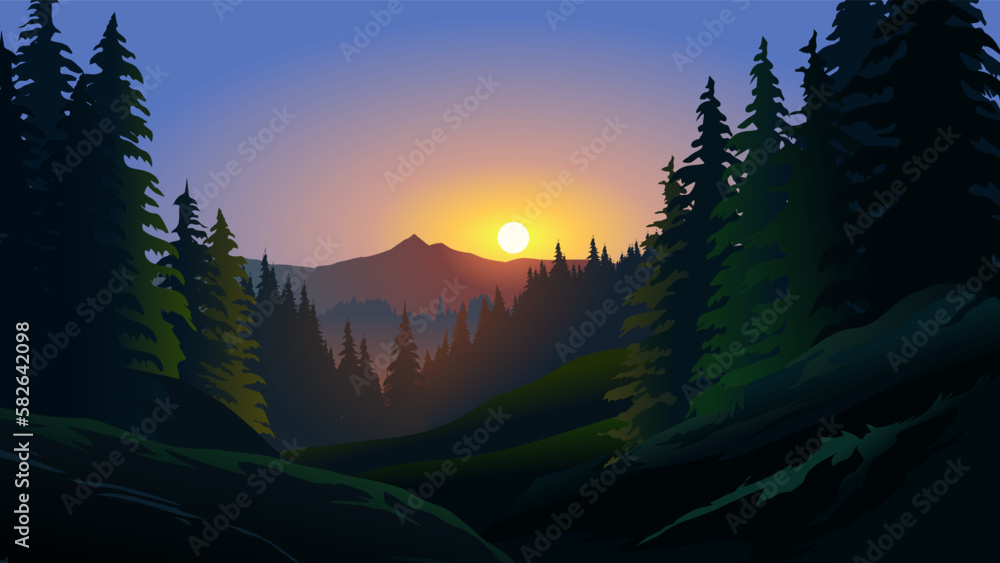 Vector illustration of sunset in the mountains