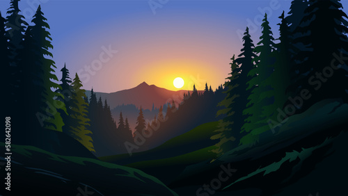 Vector illustration of sunset in the mountains