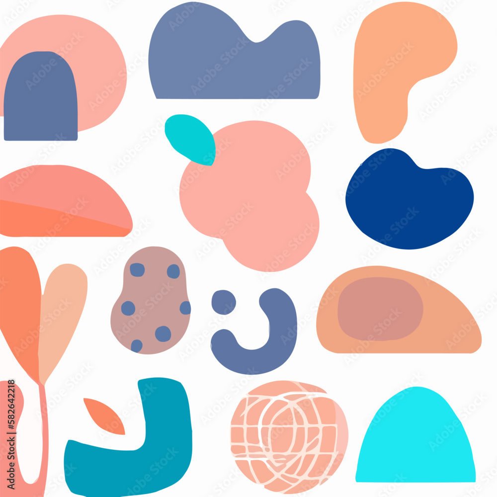 Abstract geometric shapes set. Abstract blotch shape.  Pastel color doodle bundle for fashion design, summer season or natural concept. Liquid shape elements. Set of modern graphic elements