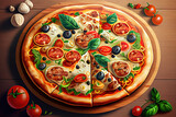 Tasty juicy pizza on wooden background. Generative Ai