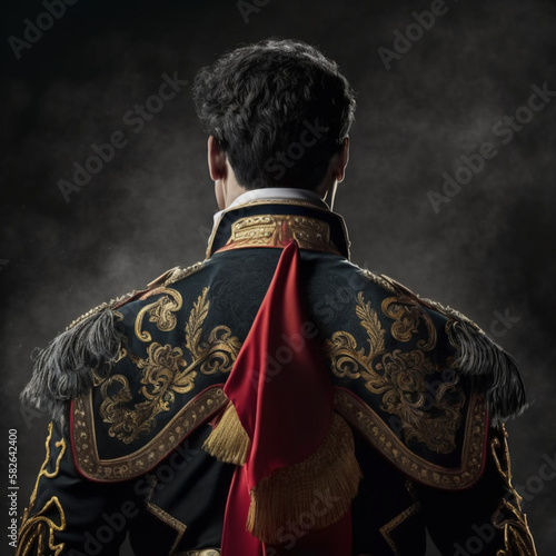 Back view of a bullfighter on a dark background. Generative AI.