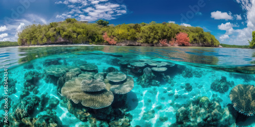 Turquoise water in tropical paradise  beautiful corals in the underwater. Generative AI