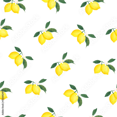 Watercolor seamless pattern with yellow lemon branch isolated on white background. Illustration for textures  wallpapers  fabrics  postcards