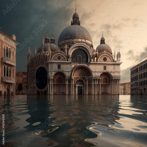Illustration of Venice flooded. Generative AI.