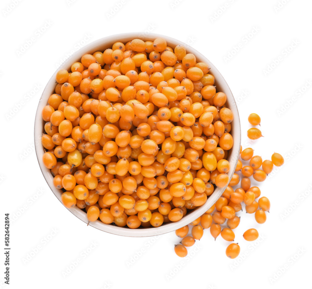 Bowl with fresh ripe sea buckthorn berries on white background, top view Bowl with fresh ripe sea buckthorn berries on white background, top view