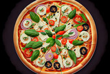 Fresh vegetarian pizza on light blue background. Generative Ai