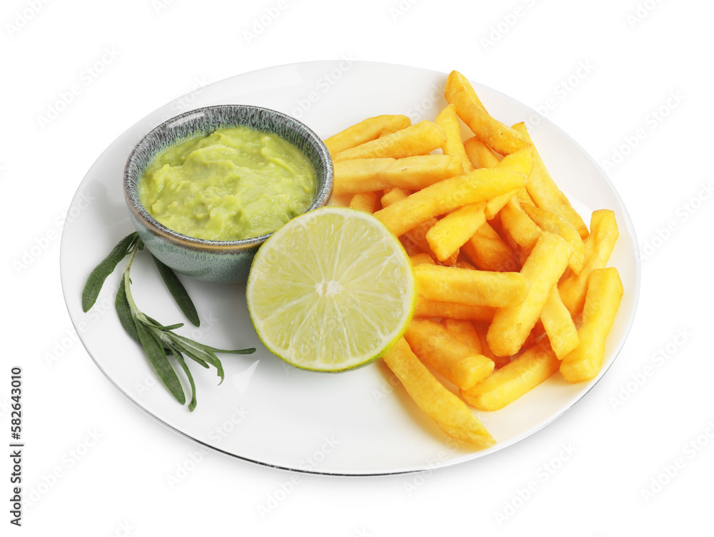 Plate with delicious french fries, avocado dip, lime and rosemary isolated on white Plate with delicious french fries, avocado dip, lime and rosemary isolated on white