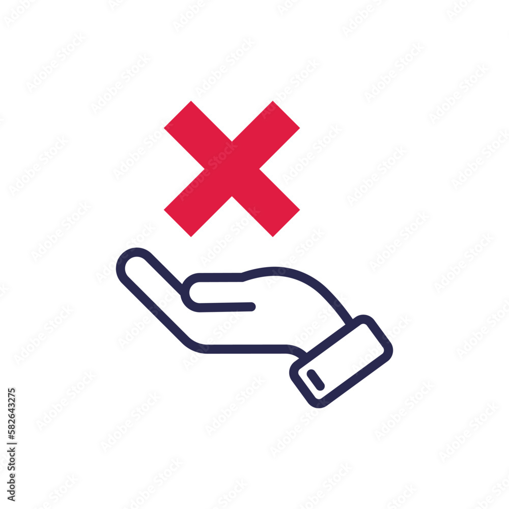 Rejected thin line icon: hand holding cross mark. Declined, cancelled. Modern vector illustration. Rejected thin line icon: hand holding cross mark. Declined, cancelled. Modern vector illustration.
