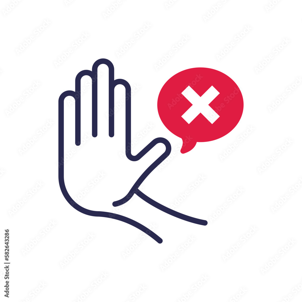 Warning symbol. Stop hand gesture and speech bubble with cross mark. Refusal, personal boundaries, ability to refuse. Modern vector illustration of restriction. - obrazy, fototapety, plakaty 