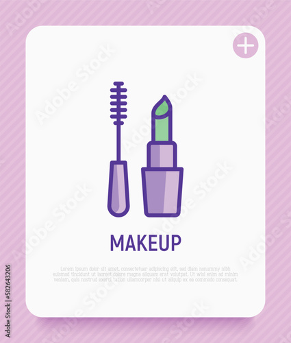 Makeup thin line icon: mascara and lipstick. Logo for makeup artist. Modern vector illustration.