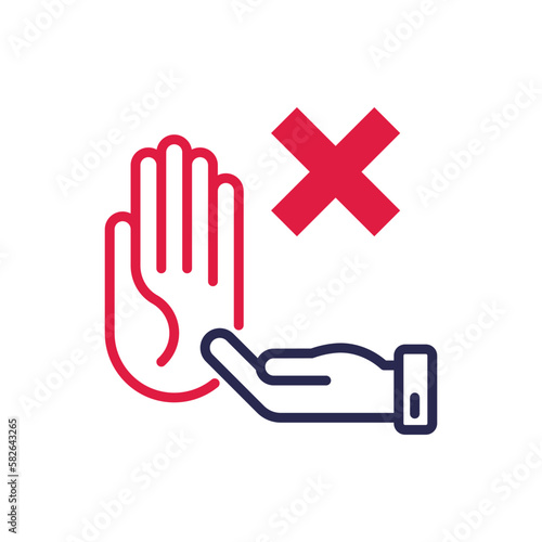 Rejected thin line icon: hand holding cross mark, stop sign. Declined, cancelled. Modern vector illustration.