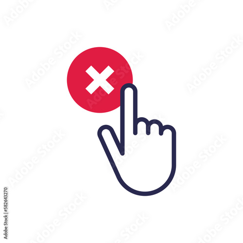 Cancel thin line icon: hand clicks button with cross mark. Rejected, declined. Modern vector illustration.