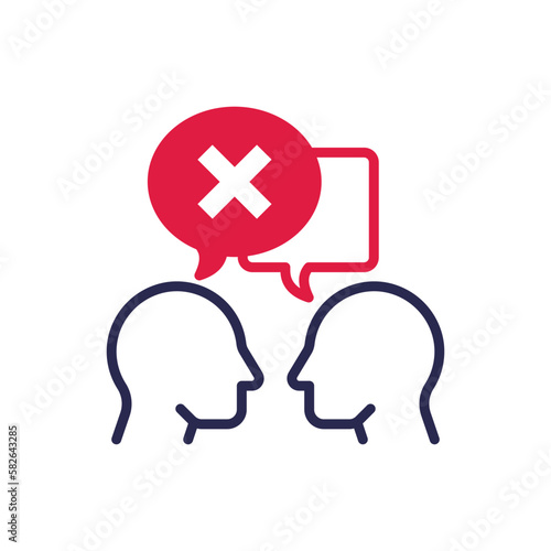 Misunderstanding in conversation between two persons. People are talking and in one speech bubble is cross mark. Conflict, disagreement. Modern vector illustration.