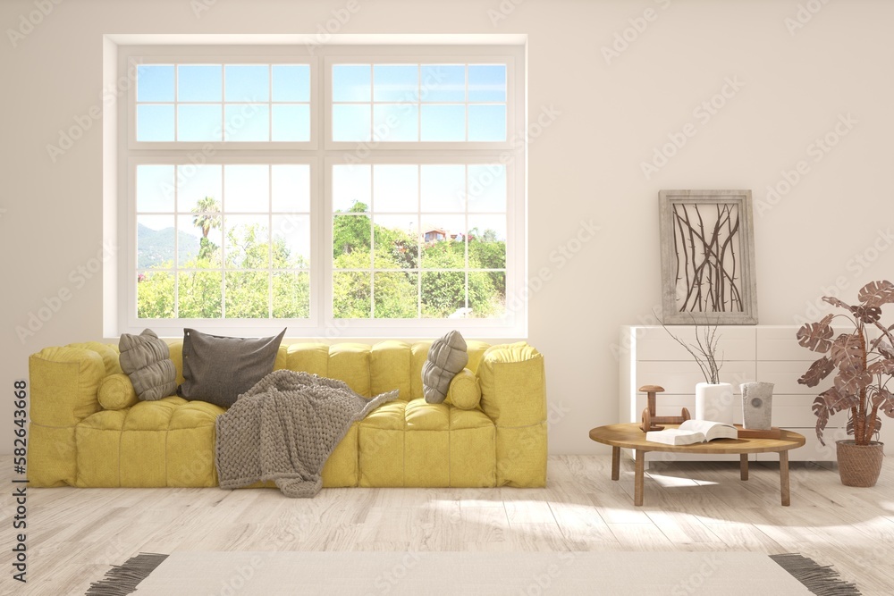 Fototapeta premium White living room with sofa and summer landscape in window. Scandinavian interior design. 3D illustration