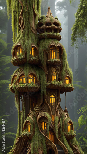 Illustration of a Sci-fi Art Nouveau style vertical village in a tropical rainforest (AI Generated)