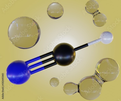 Cyanide can be a colorless liquid, such as hydrogen cyanide (HCN), cyanogen chloride, sodium cyanide (NaCN) or potassium cyanide (KCN). molecule structure and clear droplets 3d rendering photo