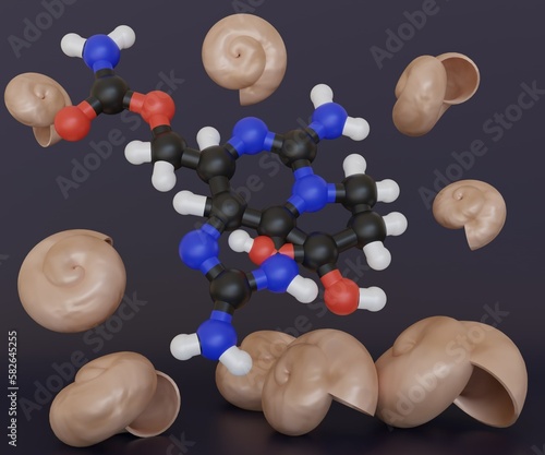 Isolated saxitoxin molecule with seashells scattered 3d rendering photo