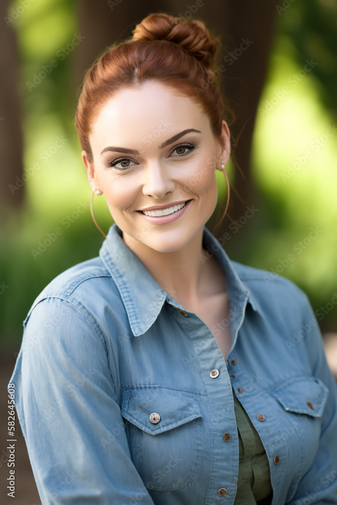 Smiling woman in denim shirt. Nature background. generate by ai Smiling woman in denim shirt. Nature background. generate by ai