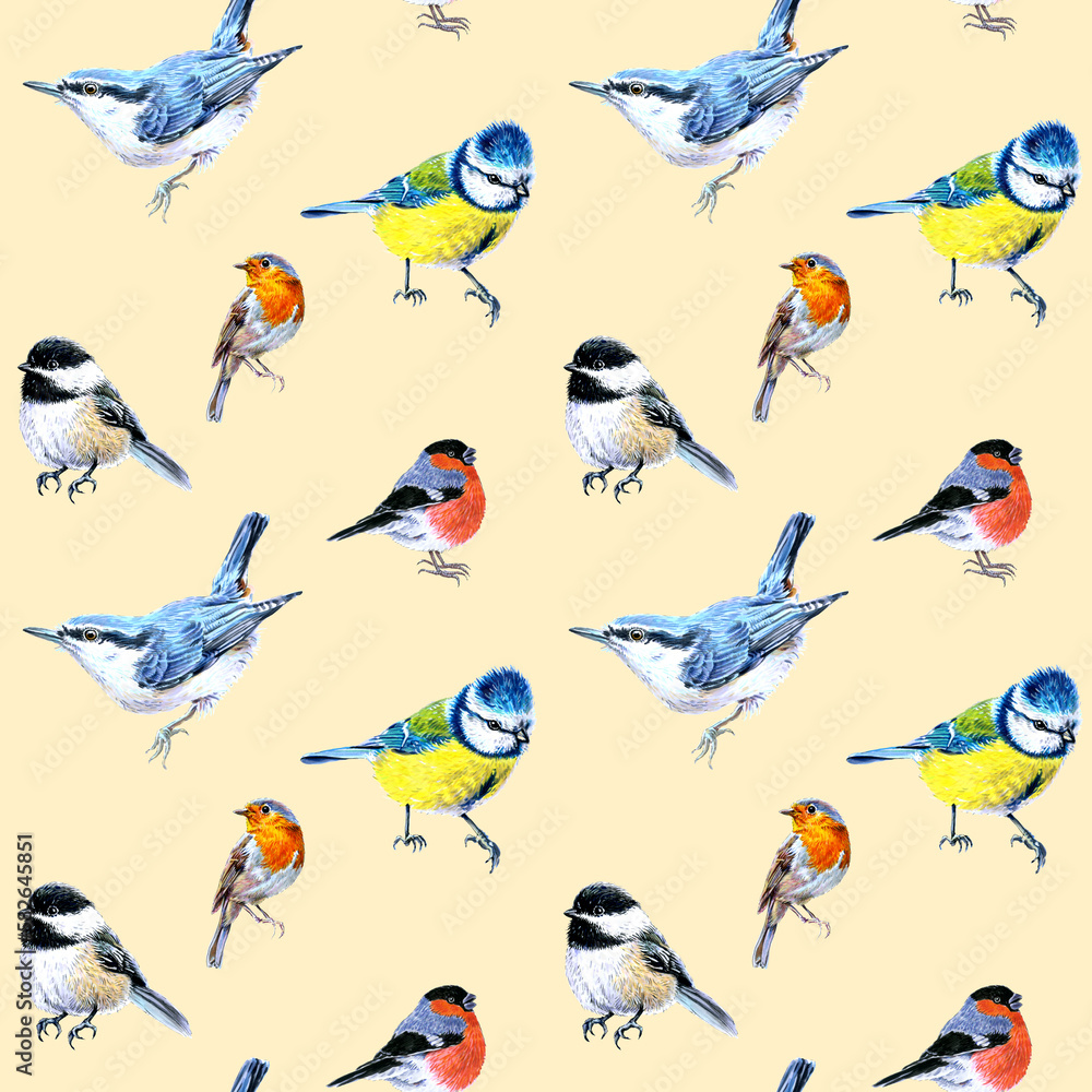 Seamless pattern of birds drawn with markers. Tits, nuthatch, bullfinch, robin and chickadees. On a beige background. For fabric, sketchbook, wallpaper, wrapping paper.